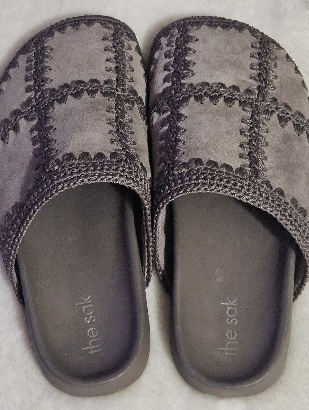 The Sak Bolinas Mushroom Suede Clogs Slip-On Mules with Crochet Stitching Size 8